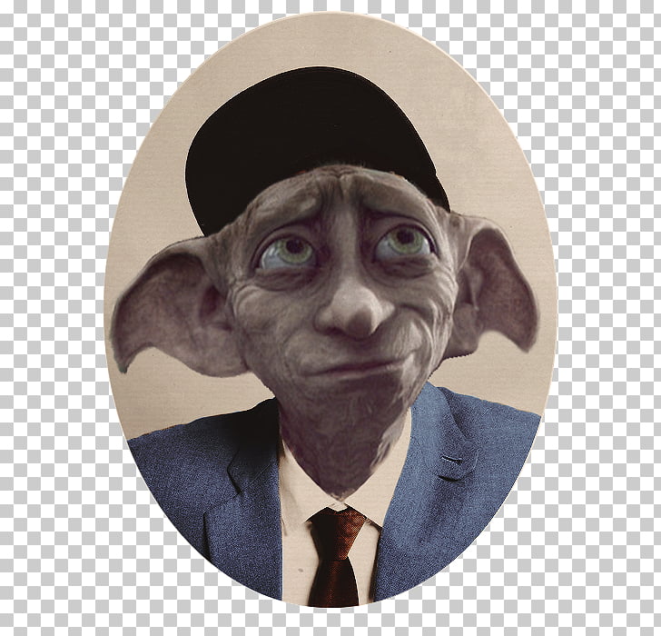 Dobby the house-elf in a suit and hat, depicted in a vintage-style oval portrait.