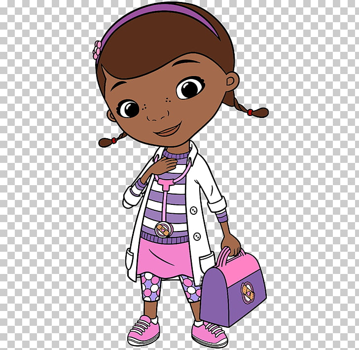 Doc McStuffins, a young girl with brown skin and pigtails, wearing a white lab coat over a purple and white striped shirt, pink skirt, and polka dot leggings, holding a pink and purple medical bag with a stethoscope around her neck.