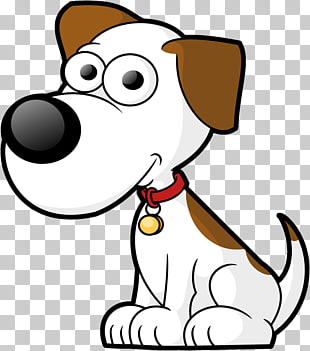 Cartoon dog with brown spots, big eyes, and a red collar with a gold tag, sitting on a transparent background.