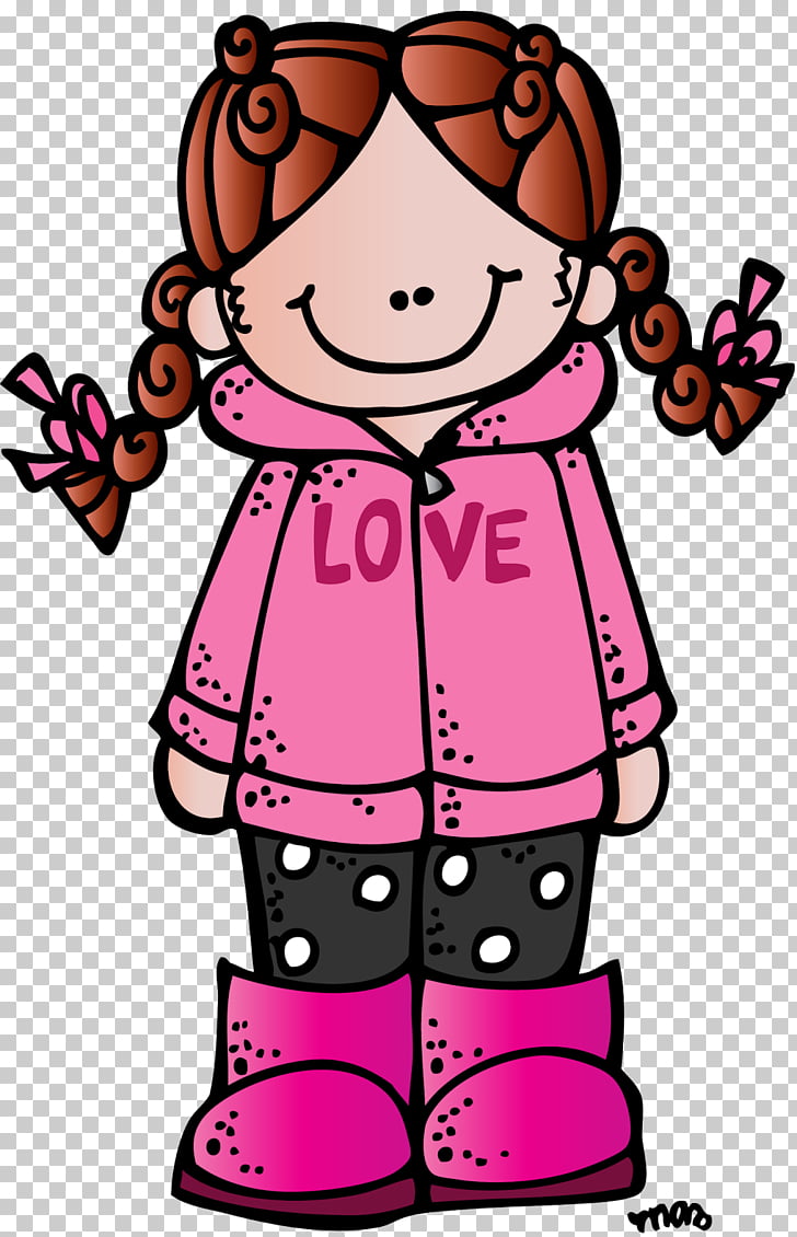 A cheerful cartoon girl with brown pigtails wearing a pink jacket with "LOVE" written on it, black polka-dot pants, and pink boots.
