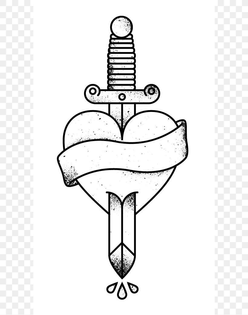 Black and white tattoo-style illustration of a dagger piercing a heart with a ribbon banner.