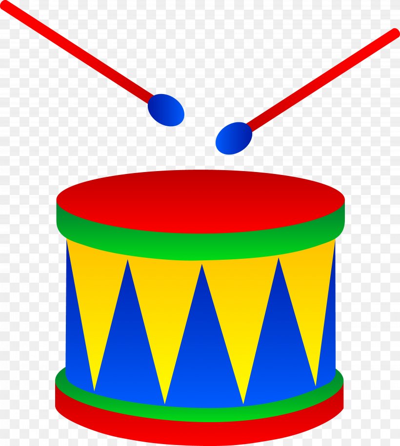 Colorful toy drum with red top, green trim, blue and yellow pattern, and red drumsticks above it.