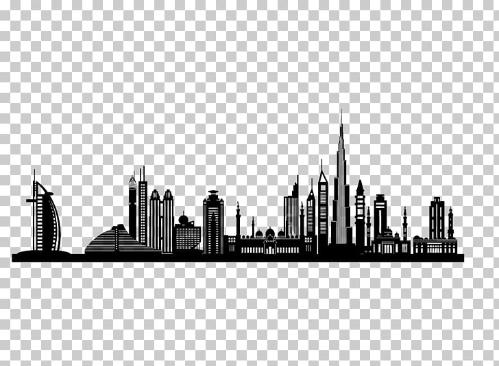 Black silhouette of Dubai skyline featuring Burj Khalifa, Burj Al Arab, and other iconic skyscrapers on a transparent background.