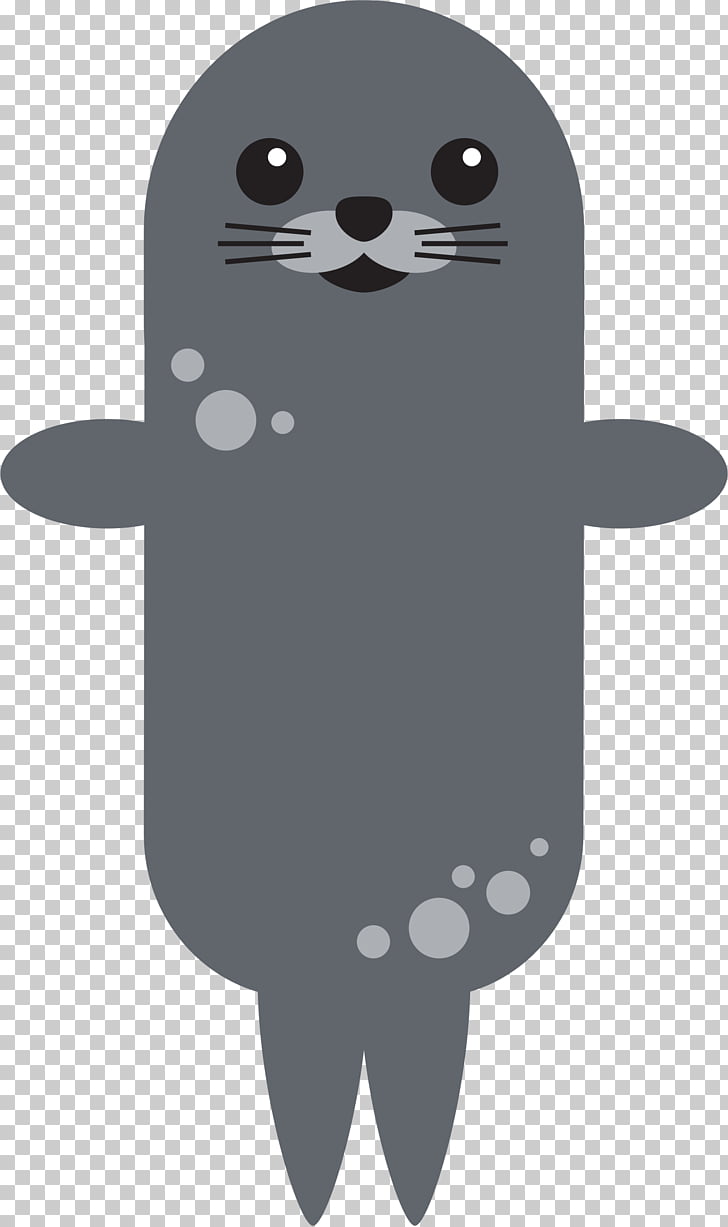 A cute gray cartoon seal with big eyes, whiskers, and bubbles on a transparent background.