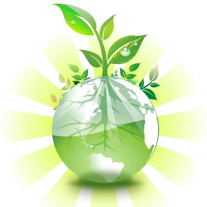 A green globe with a sprouting plant growing from the top, symbolizing environmental growth and sustainability.