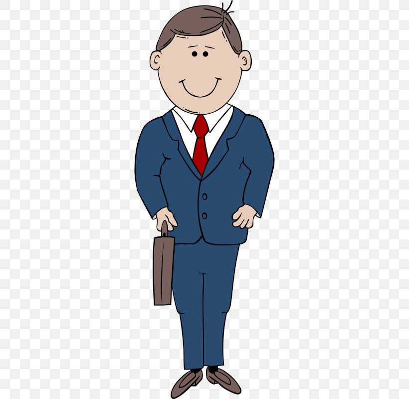 A cartoon illustration of a smiling businessman in a blue suit, white shirt, red tie, and brown shoes, holding a briefcase.