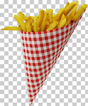 Golden french fries served in a red and white checkered paper cone.
