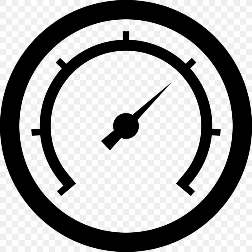 Black and white speedometer icon with a needle pointing upward, set against a transparent background.