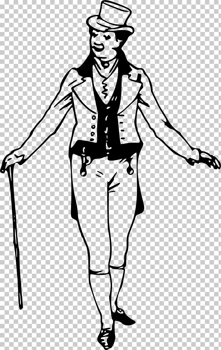A black and white illustration of a man in a top hat, vest, and formal attire, holding a cane and walking with a confident stride.