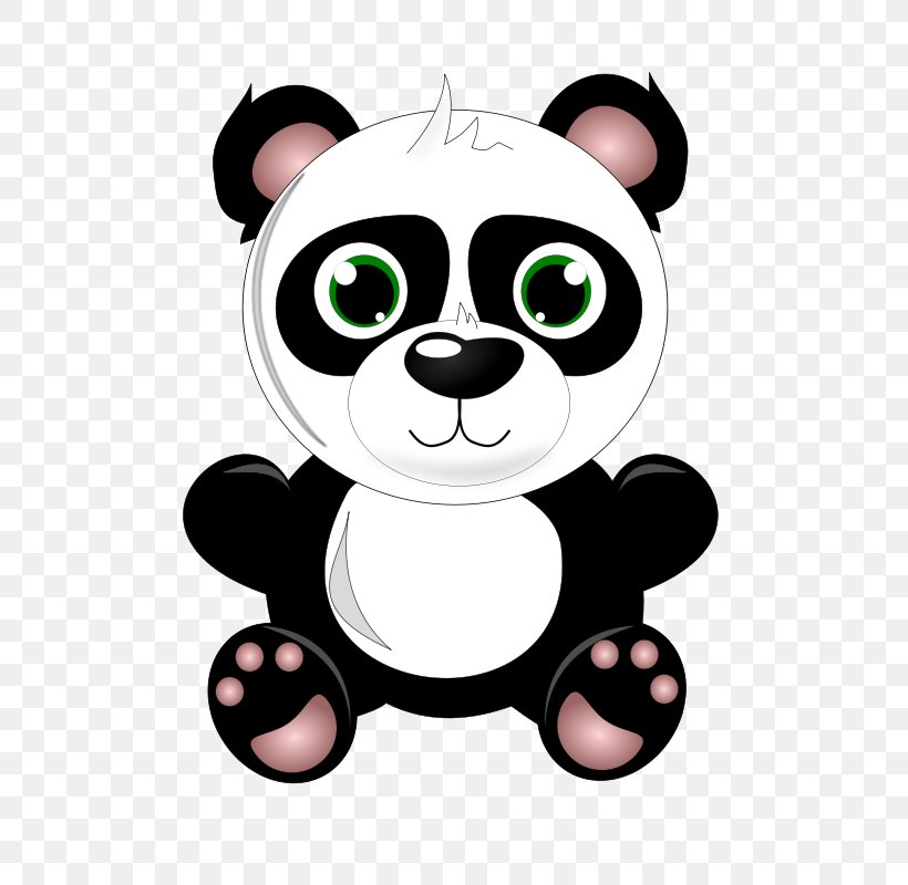 A cute cartoon panda with large green eyes, black and white fur, and pink inner ears and paws, sitting against a transparent background.