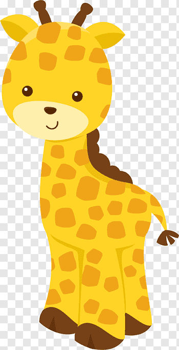 A cute cartoon giraffe with yellow and brown spots, standing on a transparent background.