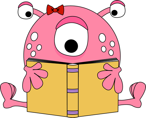 A pink cartoon monster with one large eye and a red bow reading a yellow book.