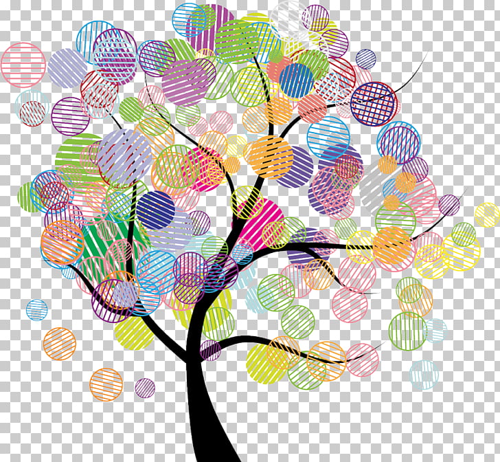 Colorful abstract tree made of overlapping circles with various patterns and vibrant hues.