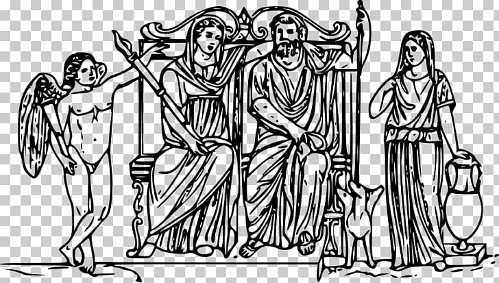 Ancient Greek mythological scene featuring Zeus and Hera seated on a throne, flanked by a winged figure and a female attendant holding a vessel.