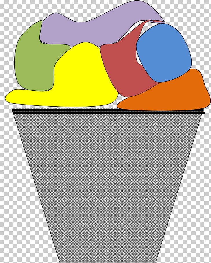 Colorful abstract shapes overflowing from a gray mesh trash bin