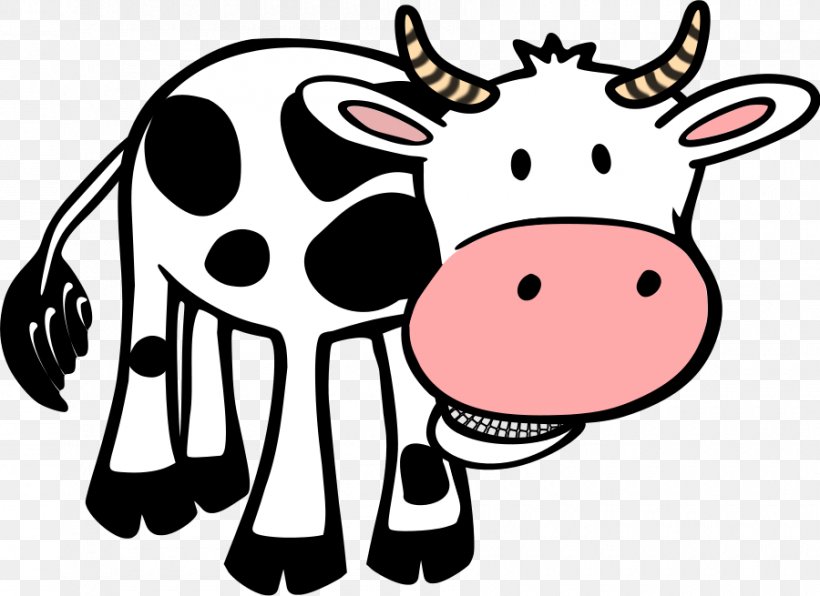 Cartoon cow with black spots, pink nose, and horns standing on a transparent background.