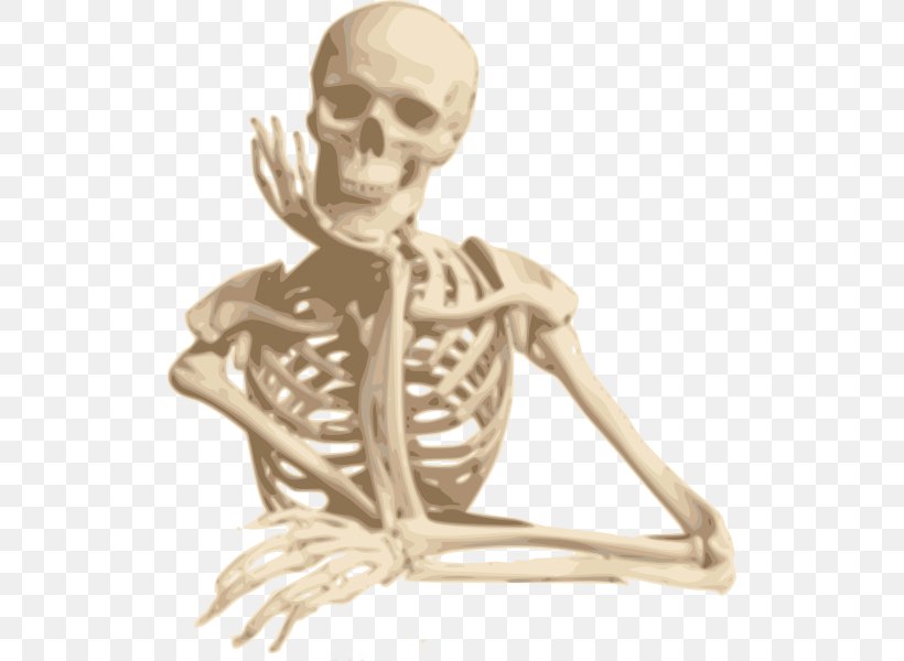 A beige skeleton sitting with one hand raised in a waving gesture, set against a transparent background.
