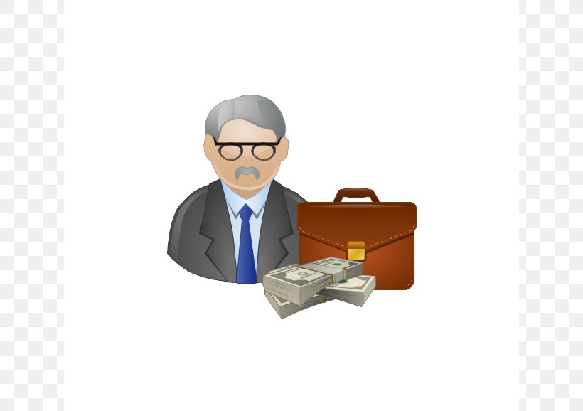 Businessman with gray hair, glasses, and a mustache, wearing a suit and tie, standing next to a brown briefcase and stacks of money.