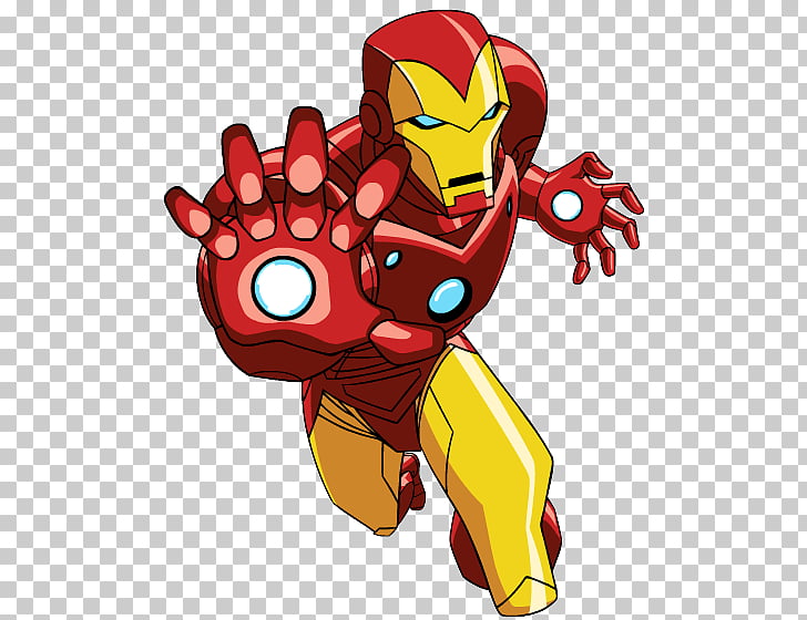 Iron Man in red and gold armor, extending his hand with a glowing repulsor blast, from a cartoon-style animation.