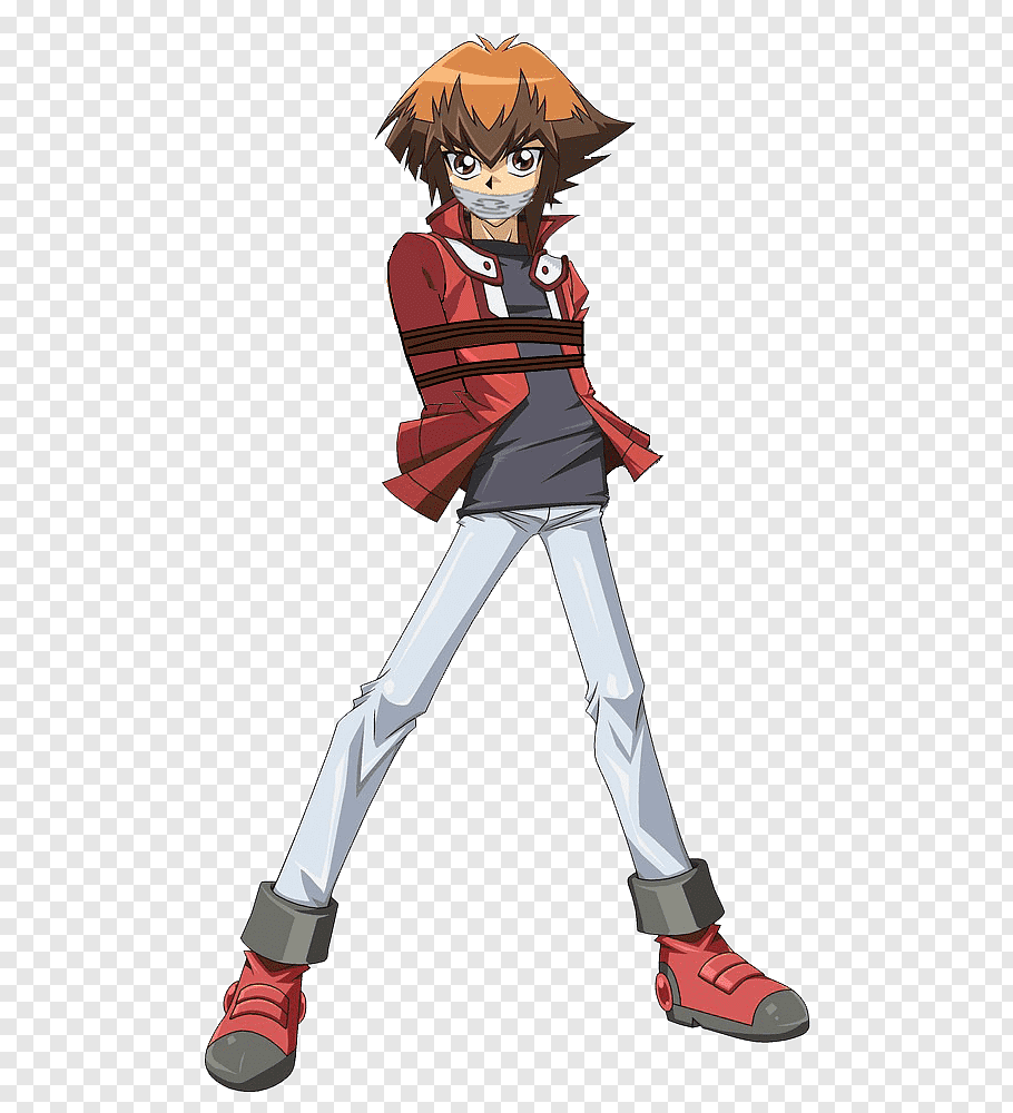 A young anime character with spiky brown hair, wearing a red jacket, gray shirt, white pants, and red shoes, standing with arms crossed and a determined expression.