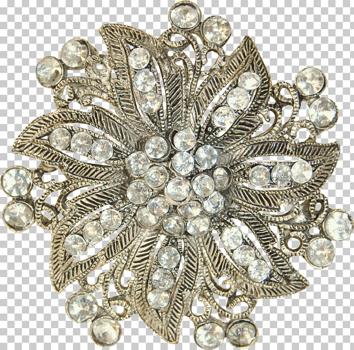 Silver floral brooch with intricate filigree design and clear rhinestones.