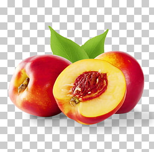 A fresh nectarine with a vibrant red and yellow peel, one whole and one halved to reveal its juicy interior and pit, accompanied by green leaves.