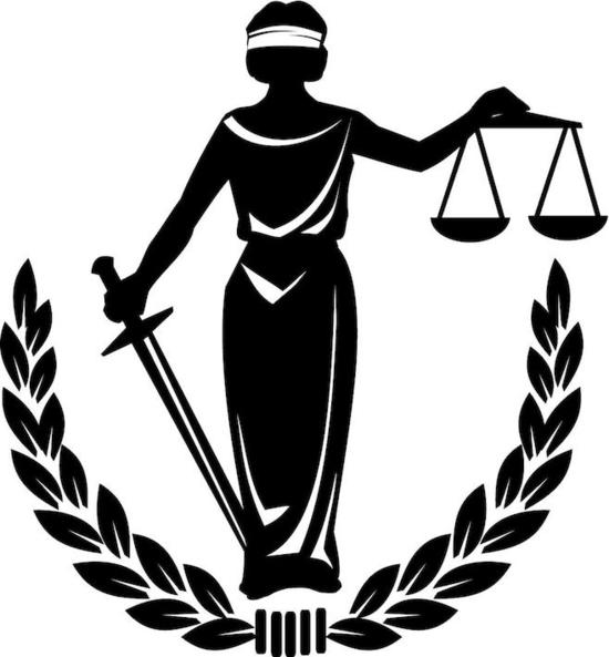 Black and white silhouette of Lady Justice holding scales and sword, surrounded by a laurel wreath.