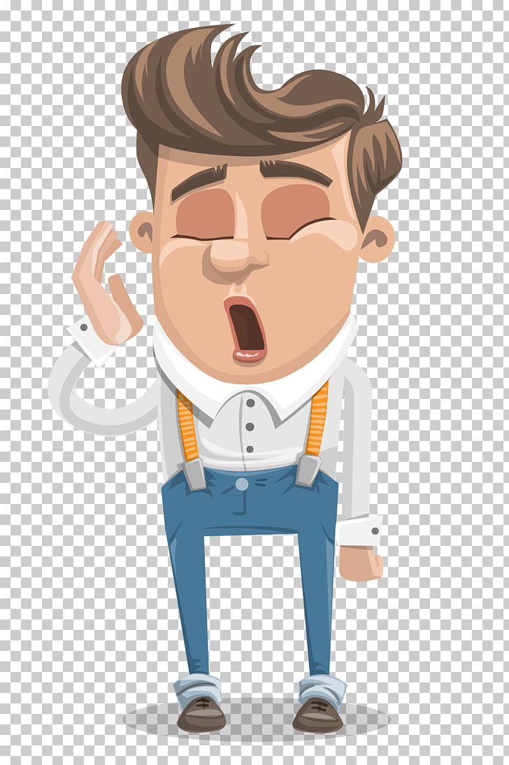 A cartoon man with brown hair, wearing a white shirt, blue jeans, and orange suspenders, yawning widely with his hand near his face.