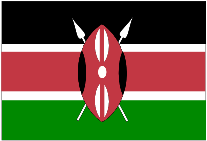 The national flag of Kenya, featuring black, red, and green horizontal stripes with a red shield and two white spears in the center.