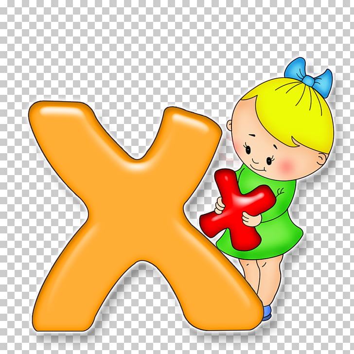 A cartoon girl with blonde hair and a blue bow holding a red letter X, standing next to a large orange letter X.