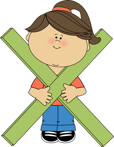 A cartoon girl holding a large green X-shaped object.