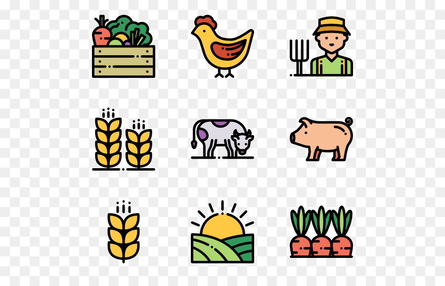 Icons representing agriculture and farming, including a crate of vegetables, a chicken, a farmer with a pitchfork, wheat stalks, a cow, a pig, a sun over fields, and carrots.