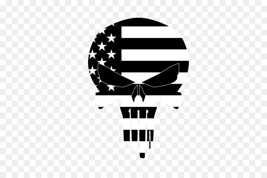 Punisher skull logo with American flag design, black and white, on transparent background