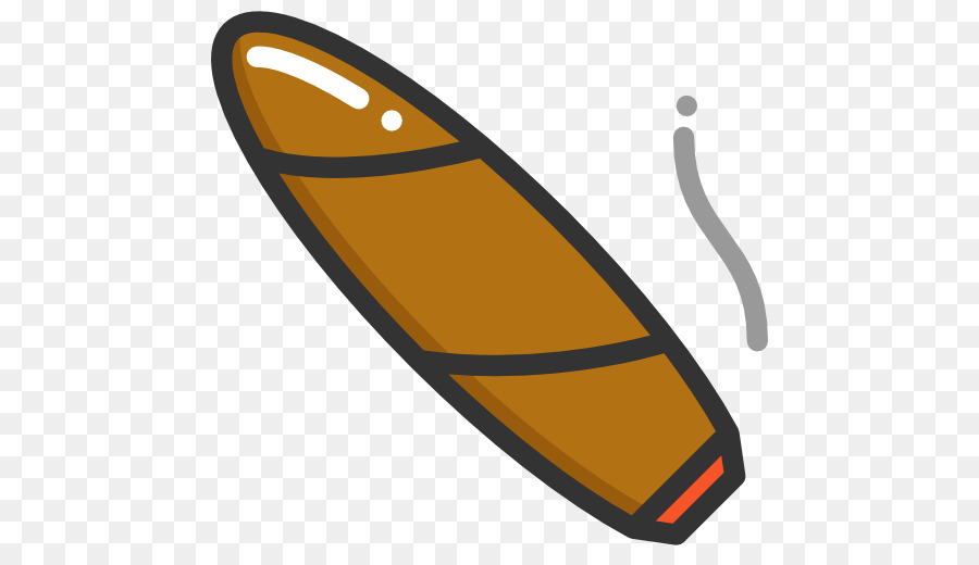 A cartoon-style illustration of a brown cigar with a black outline, emitting a wavy line of smoke, set against a transparent background.