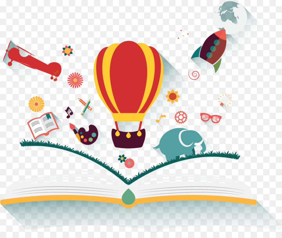 An open book with a hot air balloon, airplane, rocket, elephant, and various educational icons emerging from its pages, symbolizing imagination and learning.