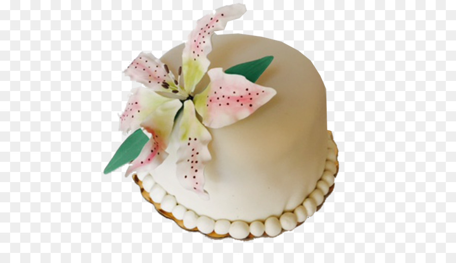 A round cake covered in smooth white fondant, decorated with a pink and white lily flower and green leaves, with a beaded border around the base.