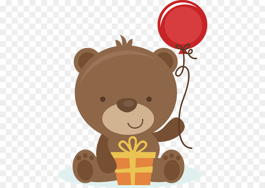 A cute brown teddy bear holding a red balloon and a gift box with a yellow bow.