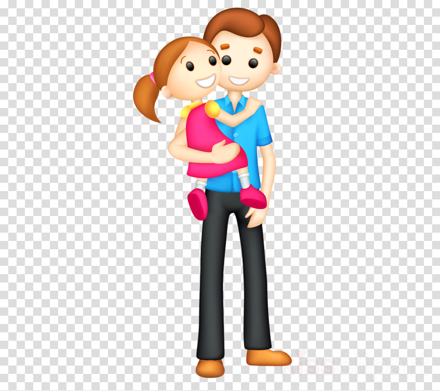 A cheerful cartoon father holding his daughter in his arms, both smiling warmly.