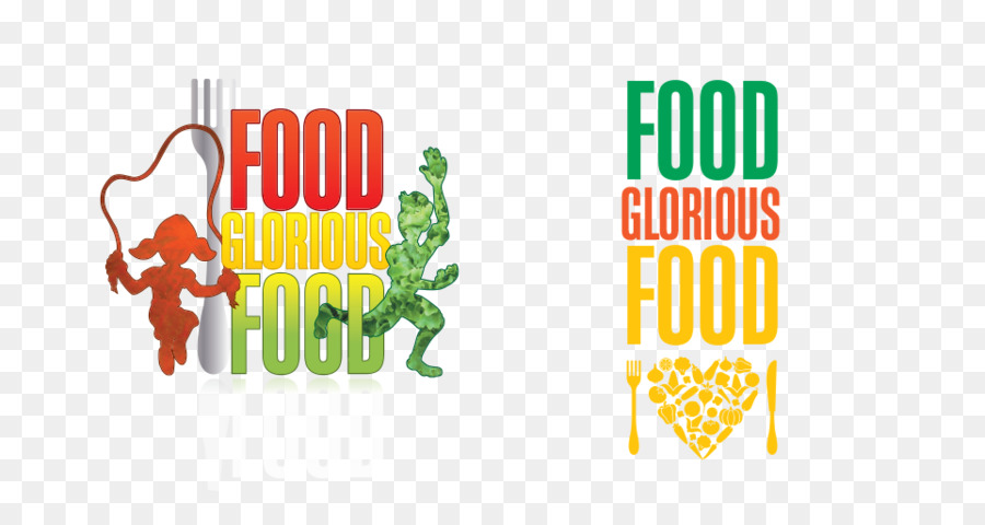 Two colorful "Food Glorious Food" logos with playful designs featuring silhouettes of people and food-themed elements.