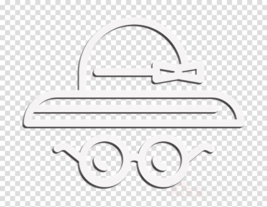 A white outline icon of a hat with a bow and glasses below it on a transparent background.