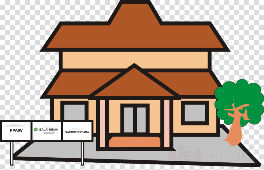 A cartoon-style illustration of a two-story house with a brown roof, beige walls, and a small tree on the side. In front of the house, there are three signs labeled "PPAIW," "BALAI NIKAH," and "KANTOR BERSAMA."