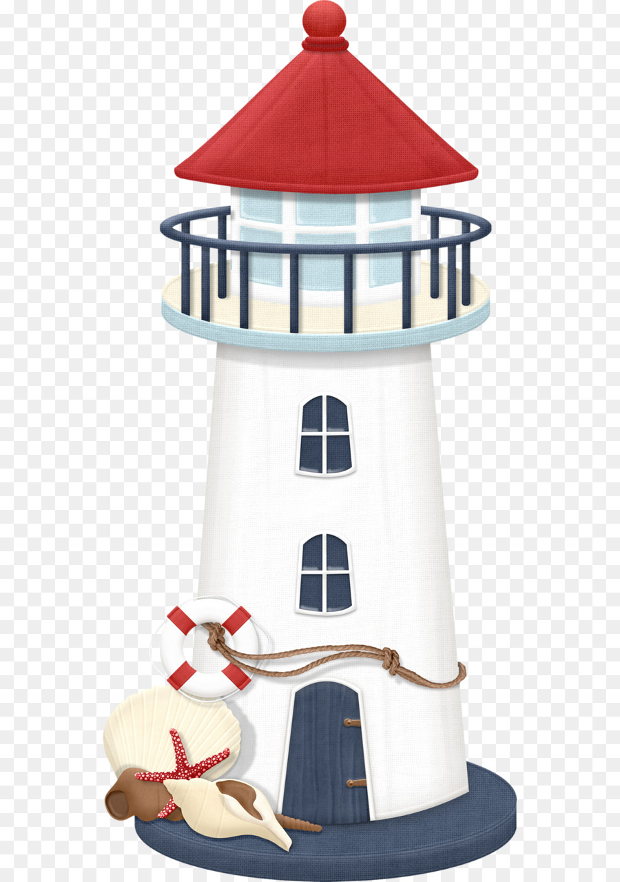 A charming lighthouse with a red roof, white body, and blue accents, surrounded by seashells, a lifebuoy, and a starfish.