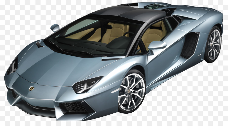 Silver Lamborghini Aventador sports car with black roof and tan interior, shown from a high angle on a transparent background.