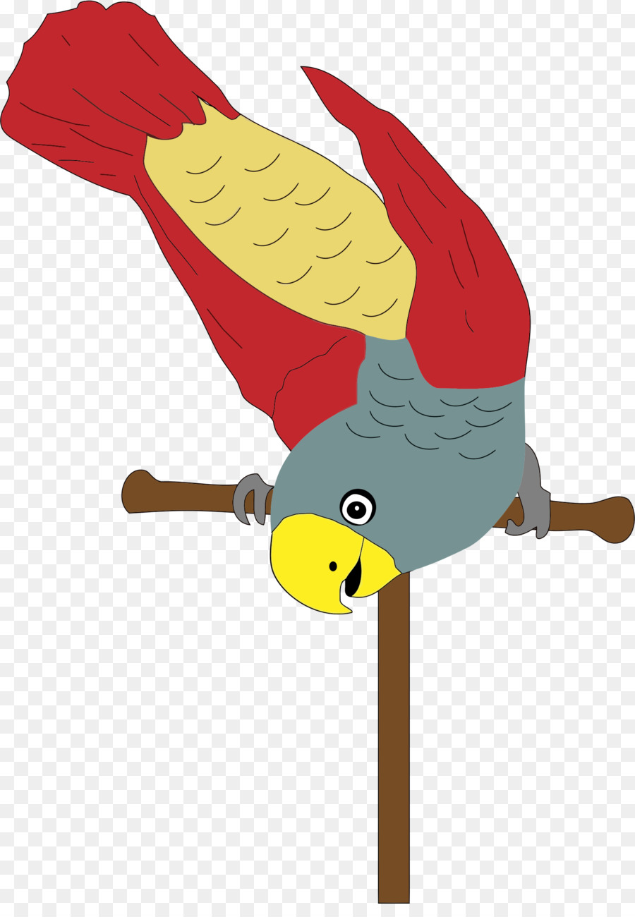 A colorful cartoon parrot with red wings, yellow underbelly, and gray body perched on a branch.