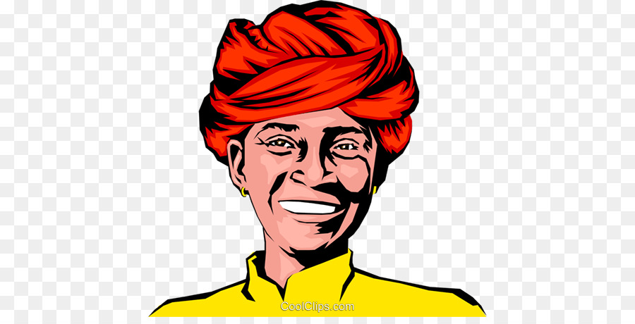 A smiling woman wearing a red turban and a yellow shirt.