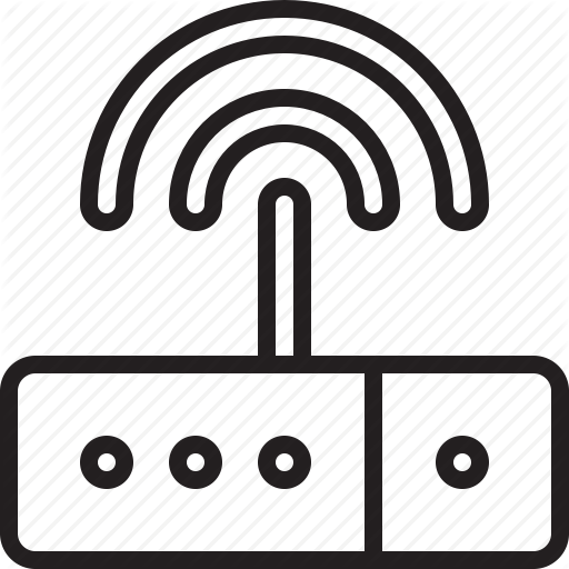 A black and white icon of a Wi-Fi router with signal waves above it.