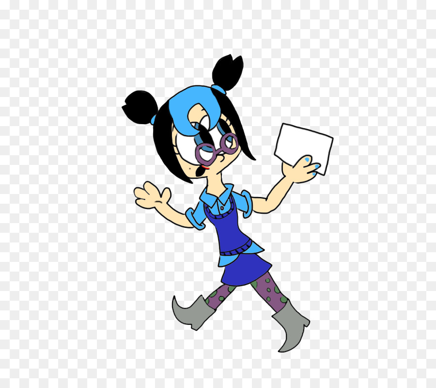 A cartoon girl with blue hair in pigtails, wearing glasses, a blue dress, and patterned leggings, holding a piece of paper and gesturing with her other hand.