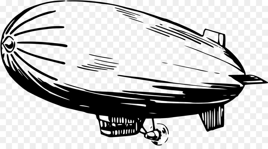 Black and white line drawing of a vintage airship or zeppelin with a gondola and tail fins.