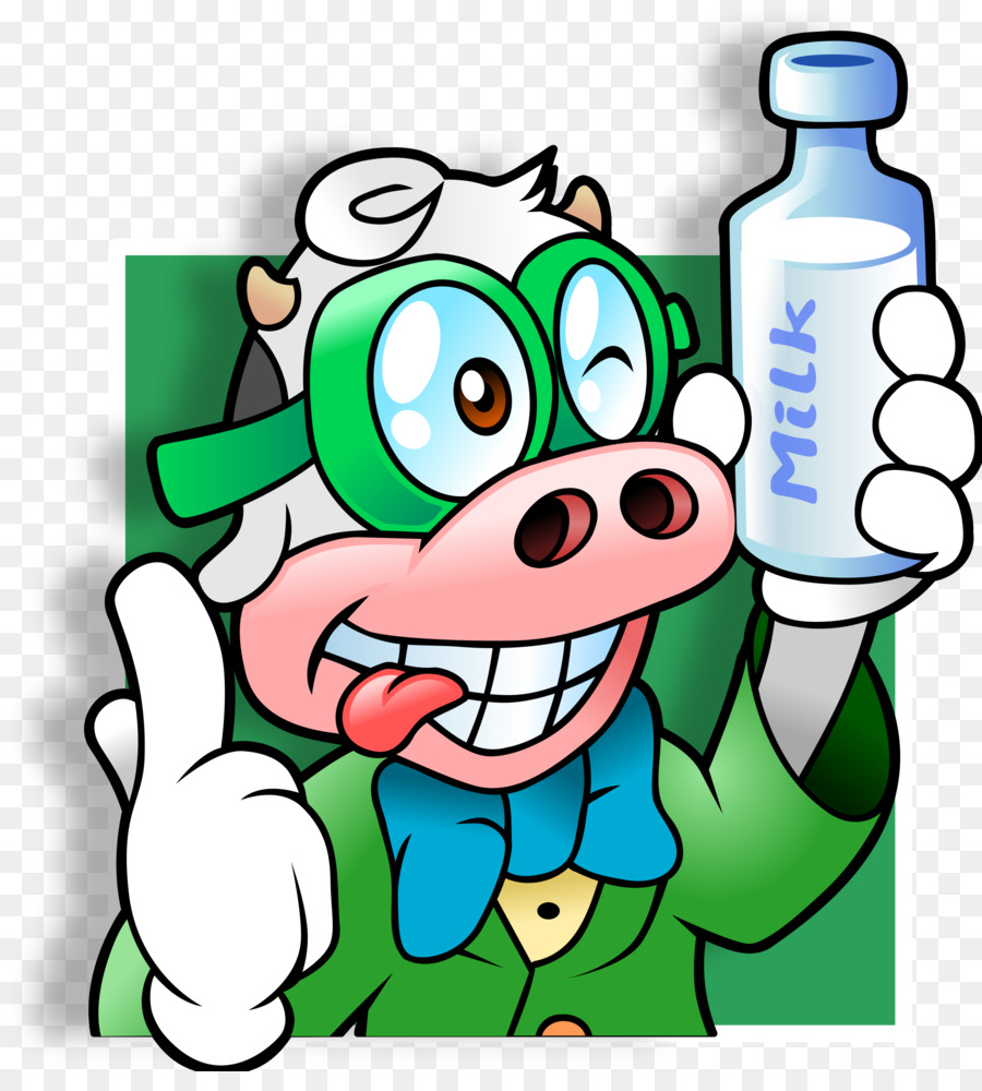 A cartoon cow wearing green goggles and a blue bow tie, holding a milk bottle and giving a thumbs-up.