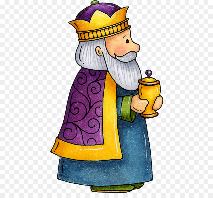 A cartoon illustration of a king with a long white beard, wearing a purple and gold crown, a purple robe with swirl patterns, and holding a golden chalice.